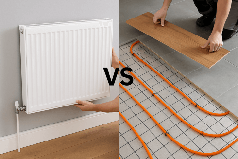 Side-by-side comparison of a radiator being wall-mounted and a floor being lifted for UFH installation.