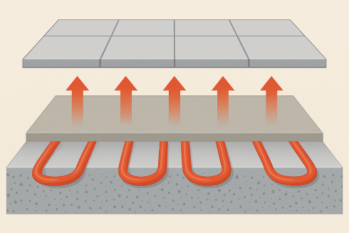 Cross-section diagram showing underfloor heating pipes beneath a tiled floor with arrows indicating radiant heat.