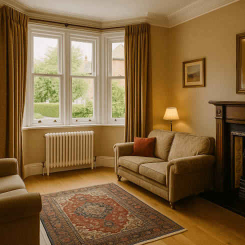 A traditional UK living room with column radiators beneath bay windows and thick curtains.