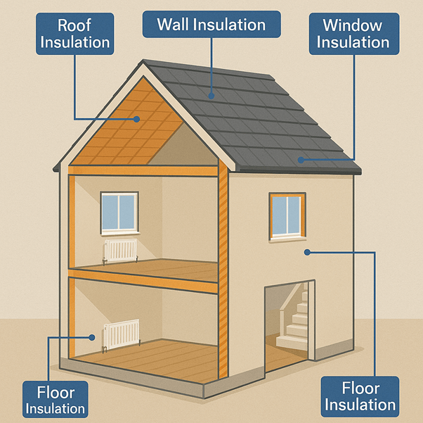 Diagram of a cross-section house showing insulation zones