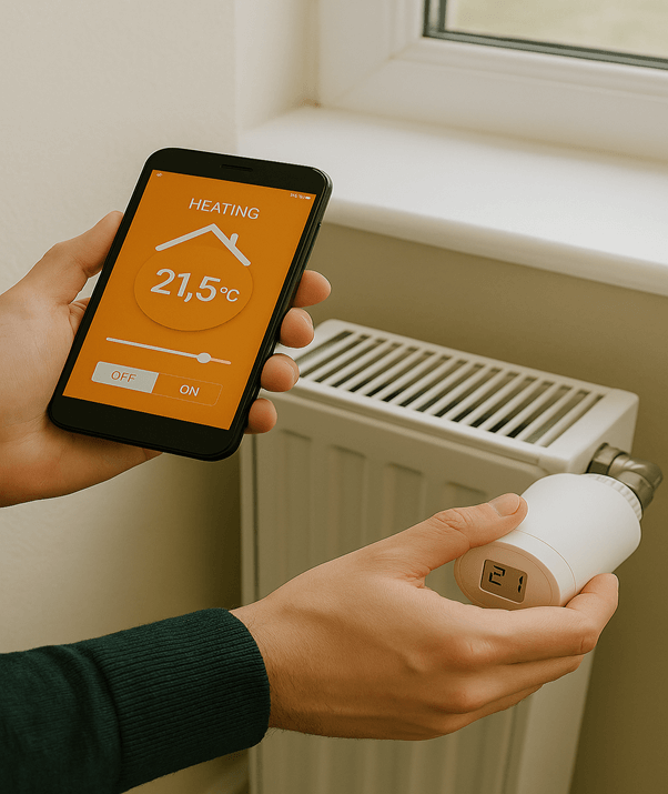 Someone adjusting a smart radiator valve via an app or manually