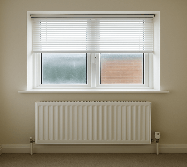 A neatly placed radiator beneath a window with no obstruction