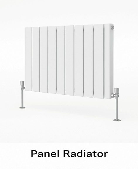 A flat white radiator on a pale grey wall with floating wooden shelves above.