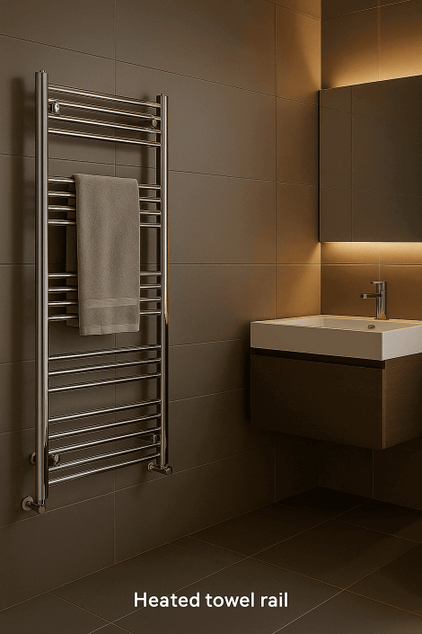 A heated towel rail in a modern bathroom with large tiles and ambient lighting.