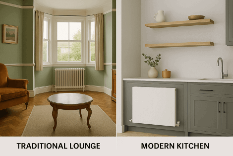 Side-by-side image of a traditional lounge with a column radiator and a modern kitchen with a flat panel model.
