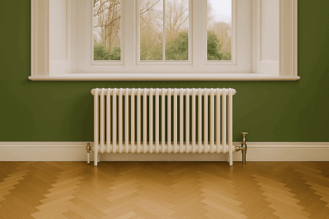 A white column radiator under a bay window with heritage colour walls and parquet flooring.