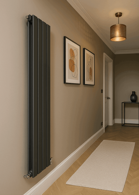 : A sleek designer radiator mounted in a stylish hallway with contemporary lighting and wall art.