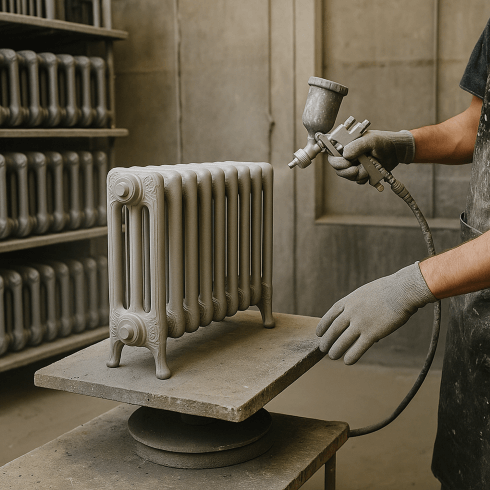 Workshop photo showing a technician repainting a vintage radiator.