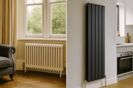 Side-by-side photo comparison: a white column radiator in a traditional lounge and a vertical black designer radiator in a modern kitchen.