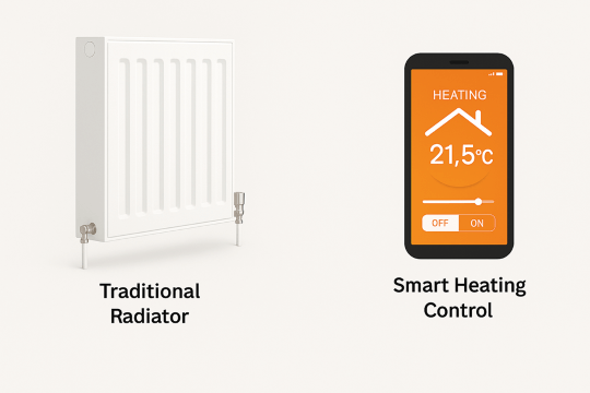 Infographic showing traditional radiator, low-temp model, and smart controller app screen.