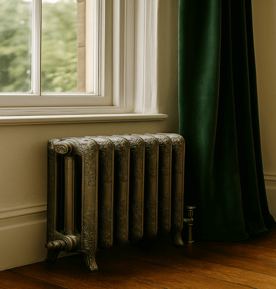 Close-up of a restored cast iron radiator beneath a tall Victorian sash window with a velvet curtain.