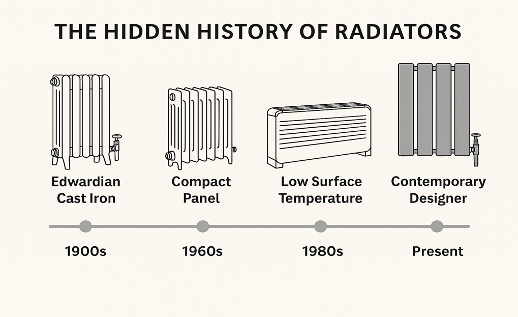 A horizontal timeline graphic showing historic radiator styles by decade.