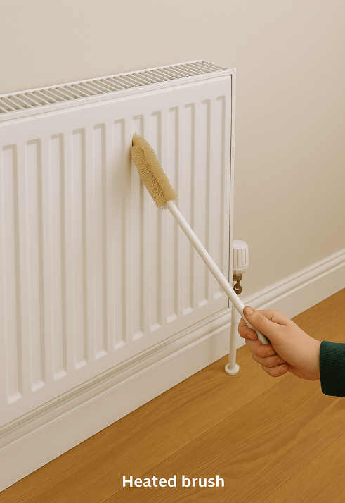 Person using a long radiator brush to clean between fins
