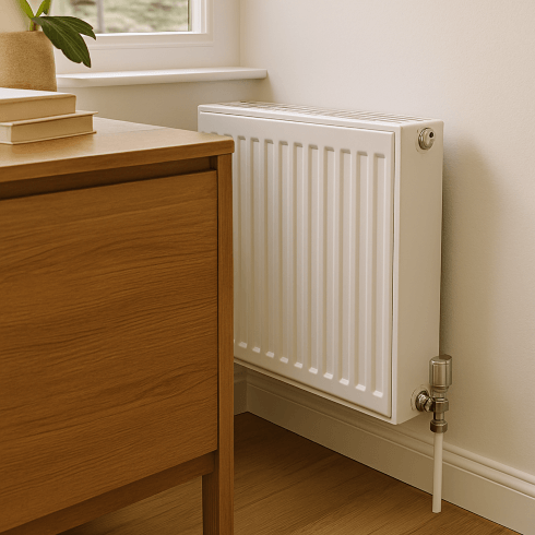 Foil panel being positioned behind a radiator with visible adhesive pads