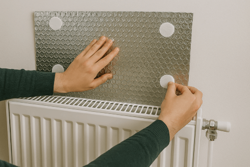 Foil panel being positioned behind a radiator with visible adhesive pads